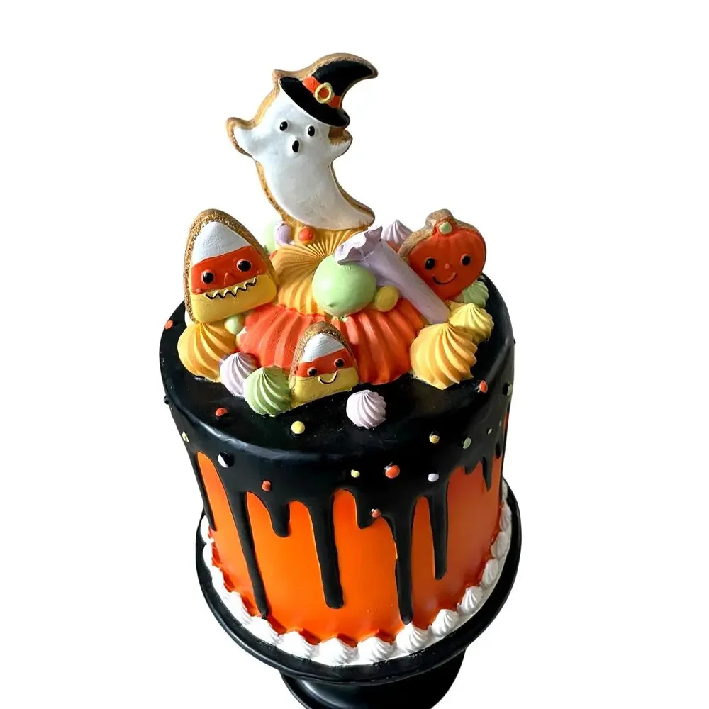 Ghoulish Halloween Candy Corn Ghost Cake Decor 13in Resin Black & Orange NEW